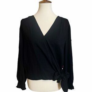 Madewell XL Black Smocked-Sleeve Wrap Top Blouse